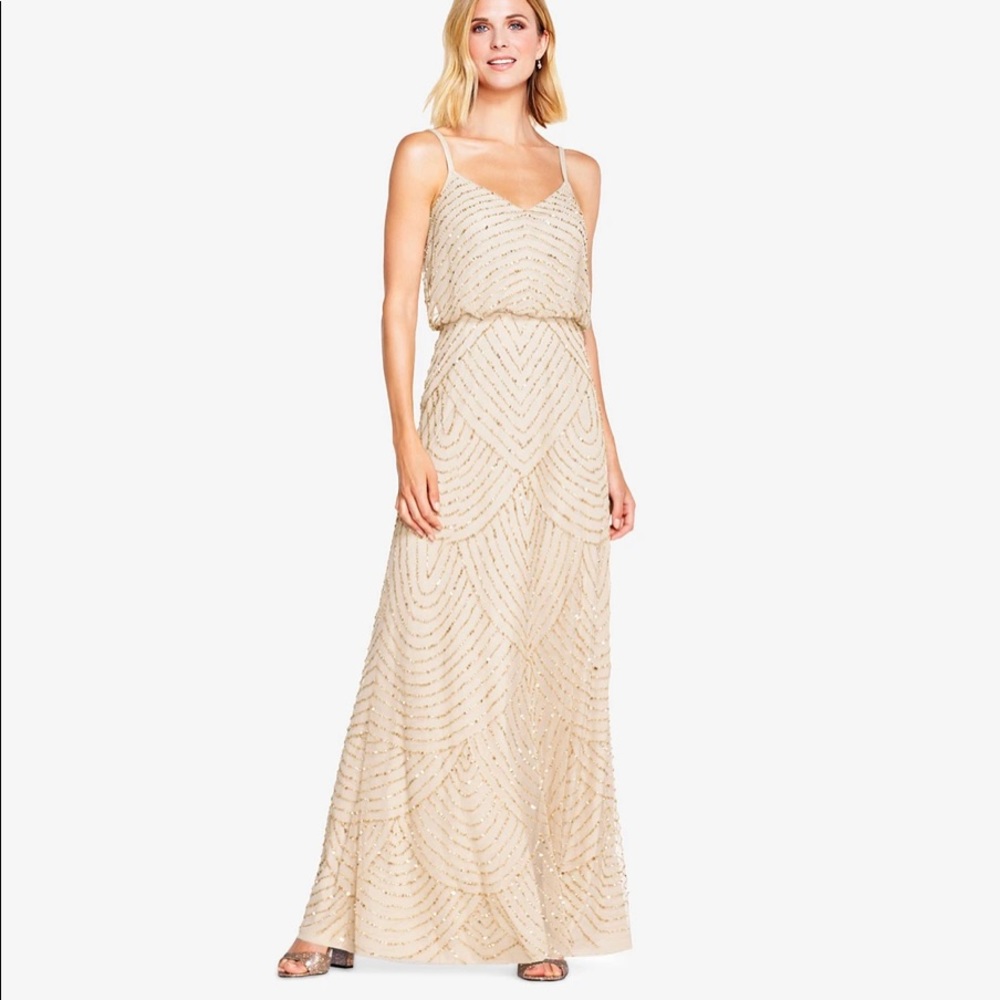 Adrianna Papelle Beaded Dress- Champagne
